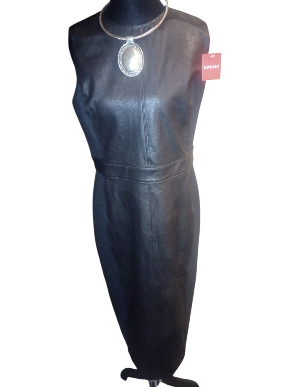 SPANX Black Faux-Leather, Lux Black Midi Sheath Dress, Size M, NWT